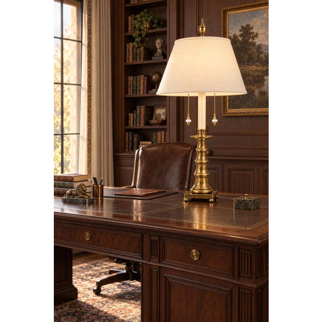 Mid 20th Century Vintage Monumental Stiffel Neoclassical Brass Dual-Light Table Lamp With Ivory Linen Shade For Sale - Image 5 of 8