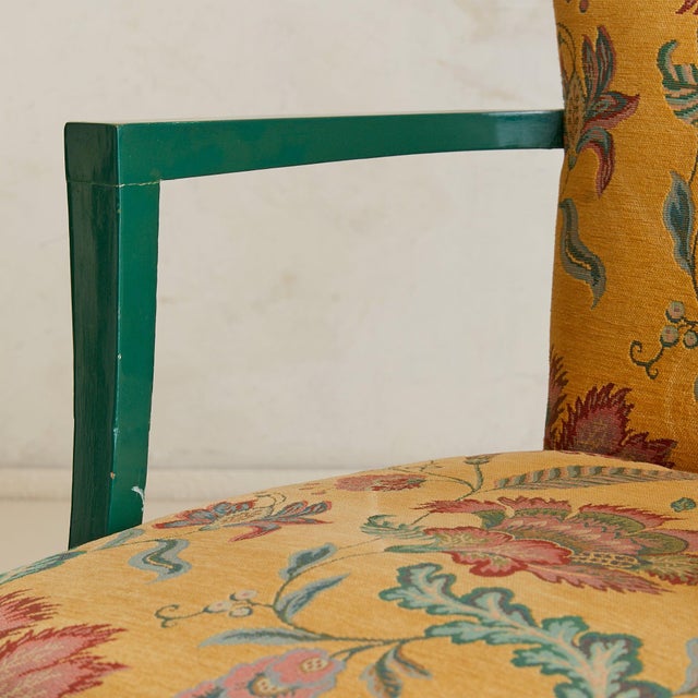 Yellow French Floral Armchair with Green Lacquered Frame, 1940s - 2 Available For Sale - Image 8 of 10