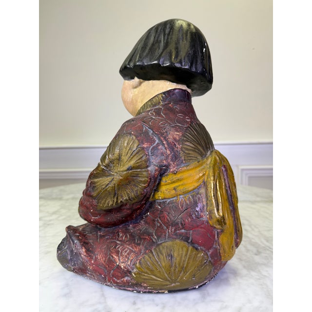 Early 20th Century Antique 1930s Art Deco Esther Hunt Style Polychrome Chalkware Seated Asian Child Figurine For Sale - Image 5 of 9