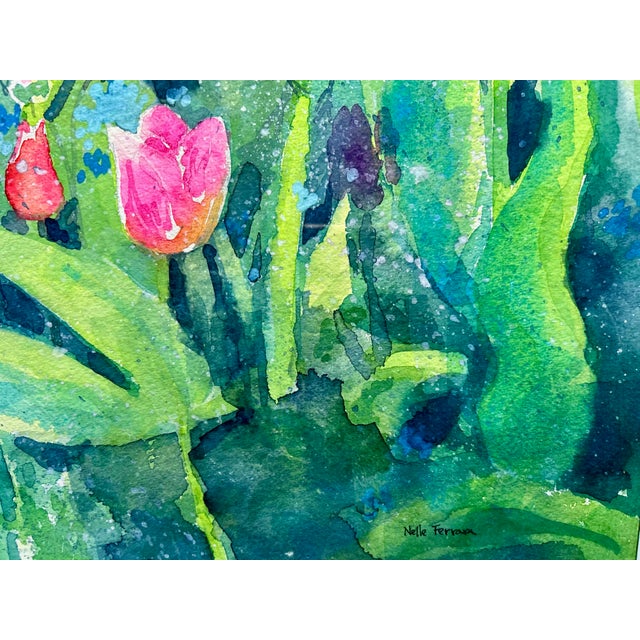 Late 20th Century Large 33" Framed Original Nelle Ferrara Impressionist Floral Garden Watercolor For Sale - Image 4 of 5