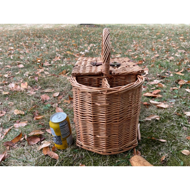 English Vintage Wicker Picnic Basket W/ 2 Wine Bottle Compartments For Sale - Image 3 of 12