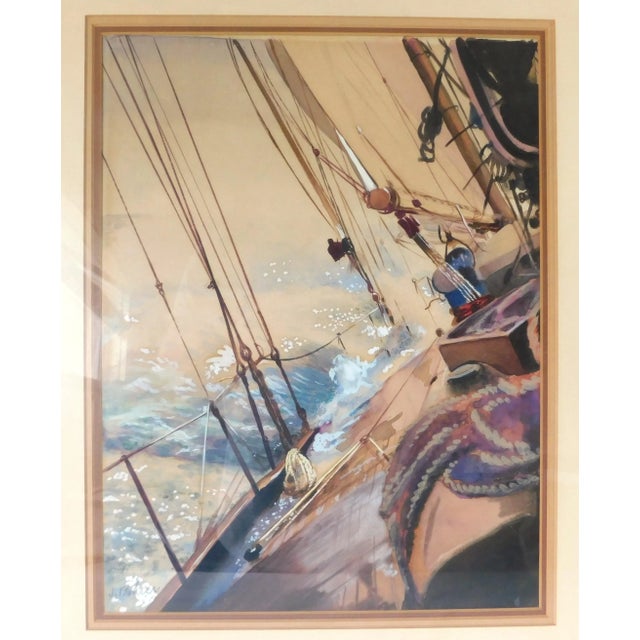 American Vintage Original Signed Nautical Seascape Sailboat Watercolor Framed Hanging Wall Art Picture For Sale - Image 3 of 14