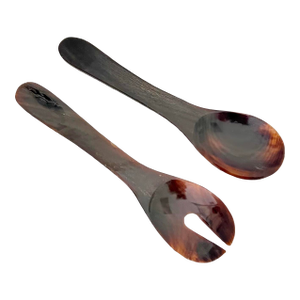 Vintage Hand-Carved Horn Salad Servers, Philippines, C1970s, the Set of 2