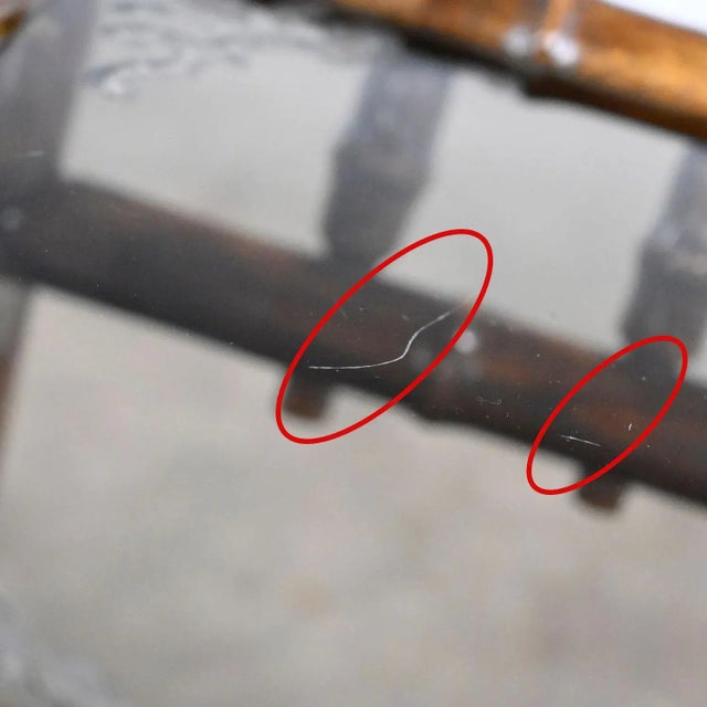 Vintage Organic Modern Faux Rattan & Etched Smoked Glass Top End Tables a Pair For Sale - Image 12 of 13