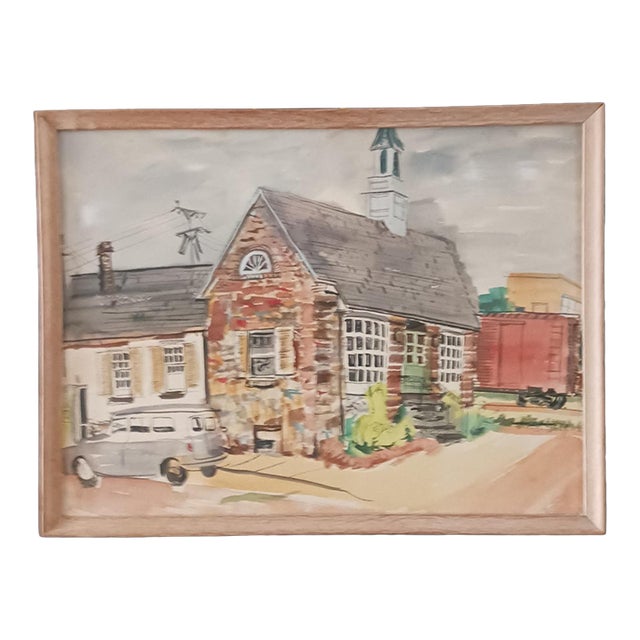 Midcentury Watercolor 1950's the Railroad Station Super Cool For Sale