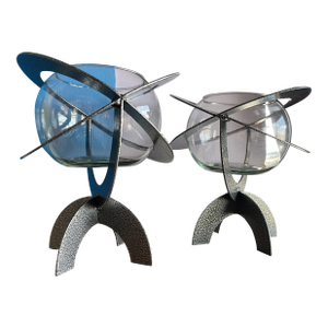 Vintage Glass Steel Terrarium Vase Center Bowls Atomic Space Age Design Sculpture - a Pair