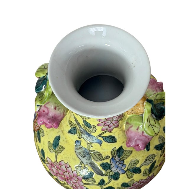 1990s Vintage Yellow Porcelain Vase With Flower Bud Handles For Sale - Image 5 of 6