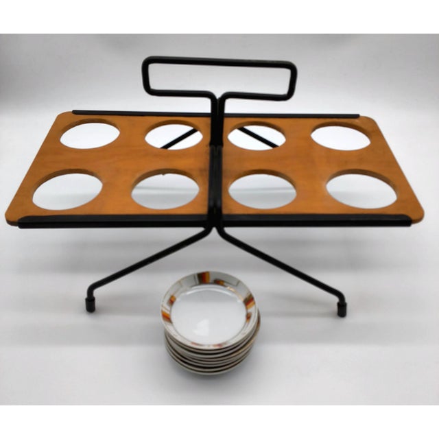 Rare Set of MCM Serving Plates and Wood Carry Holder Set of 9 For Sale - Image 9 of 12