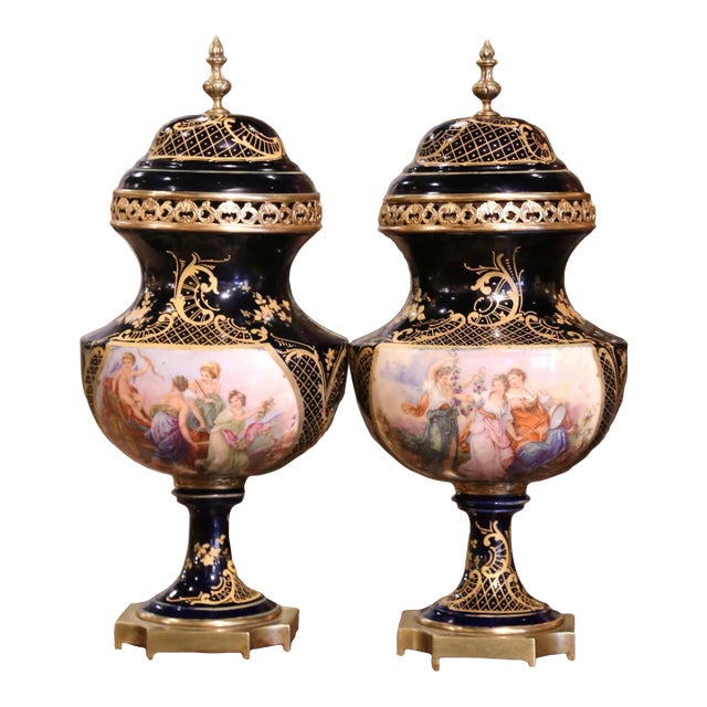 Pair of 19th Century French Sevres Royal Blue Porcelain & Bronze Covered Urns For Sale