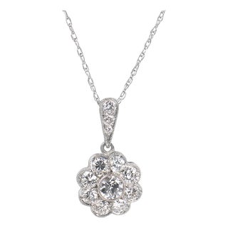 Art Deco Style Diamond Flower Cluster Platinum Pendant Necklace For Sale