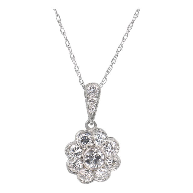 Art Deco Style Diamond Flower Cluster Platinum Pendant Necklace For Sale