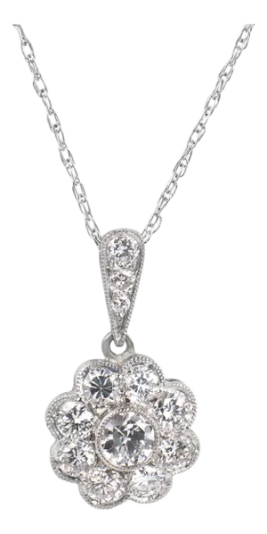 Art Deco Style Diamond Flower Cluster Platinum Pendant Necklace