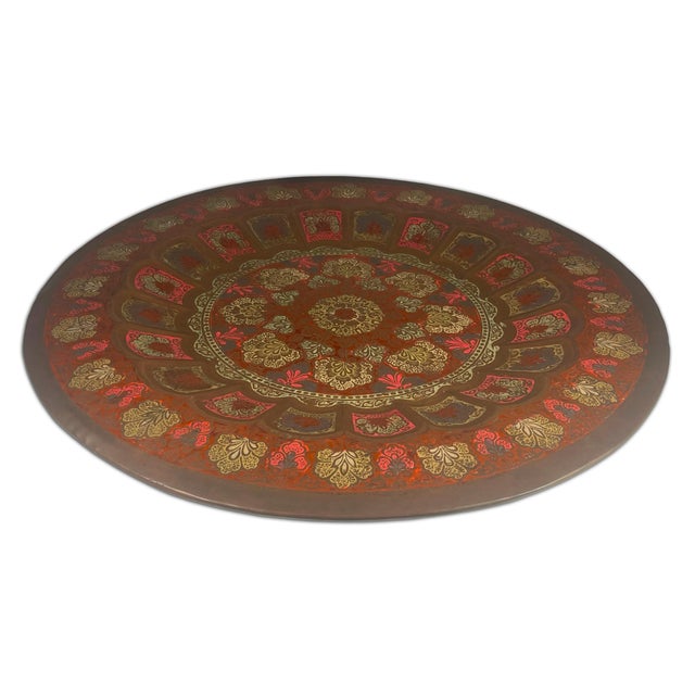 Large Anglo-Indian Style Embossed Copper Wall Charger with Red and Gold Floral Decoration, 1970s For Sale - Image 3 of 9