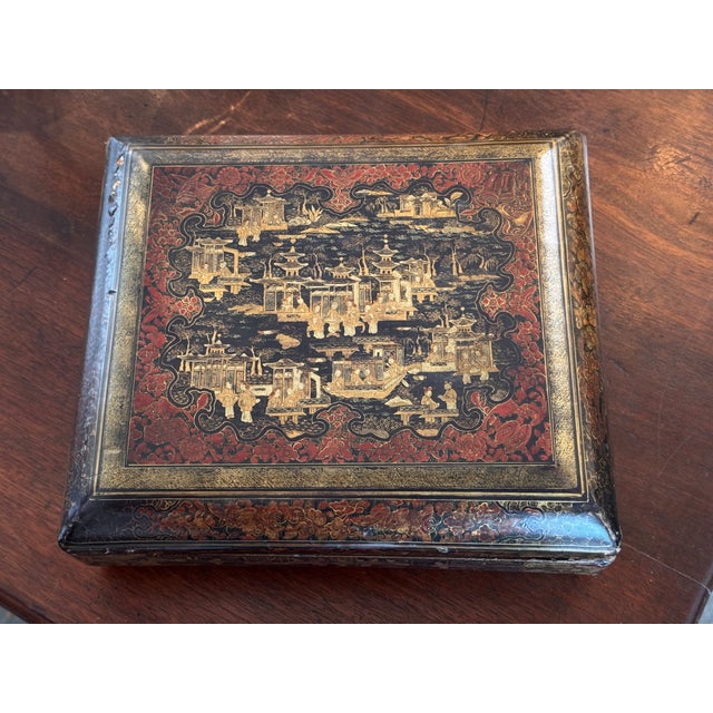 Wood 19th Century Chinoiserie Painted Lacquer Box With Figural and Floral Decoration For Sale - Image 7 of 8