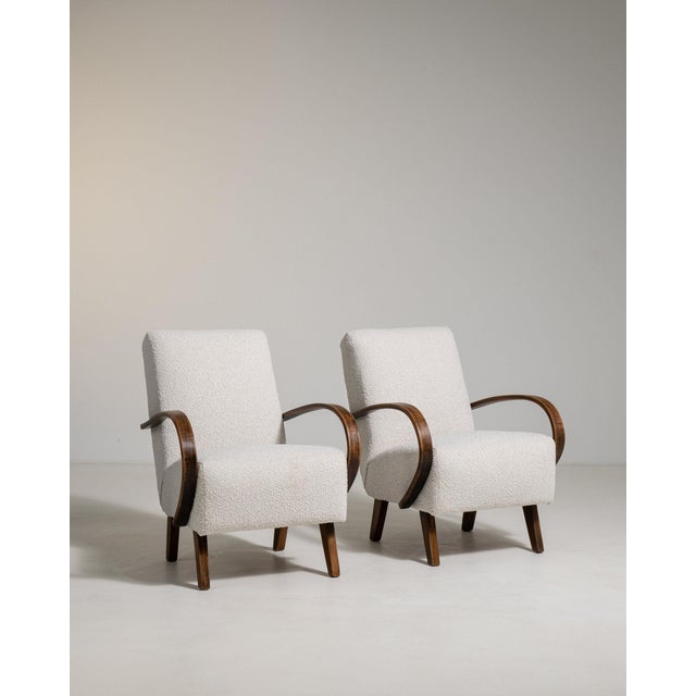 Wood 1950-1959 Czech Republic Warm Ivory Boucle Pair Of Bentwood-Arm Lounge Chairs For Sale - Image 7 of 11