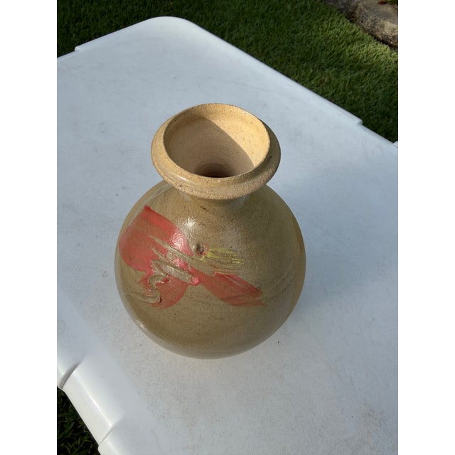 Handcrafted 7” Studio Pottery Bottle Vase With Coral Brushwork, Signed For Sale - Image 9 of 11