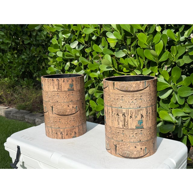 Vintage Egyptian Revival Paper-Covered Wastebaskets | Pair For Sale In Naples, FL - Image 6 of 12