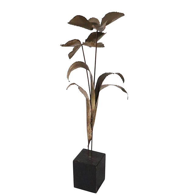 Brutalist torch cut metal flower, mounted on a rectangular wood block. This example is in very good, original, clean and...