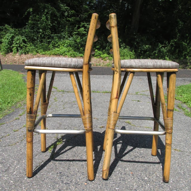 American 1950s Vintage Bamboo and Rattan Bar Stools, Set of 3 For Sale - Image 3 of 9