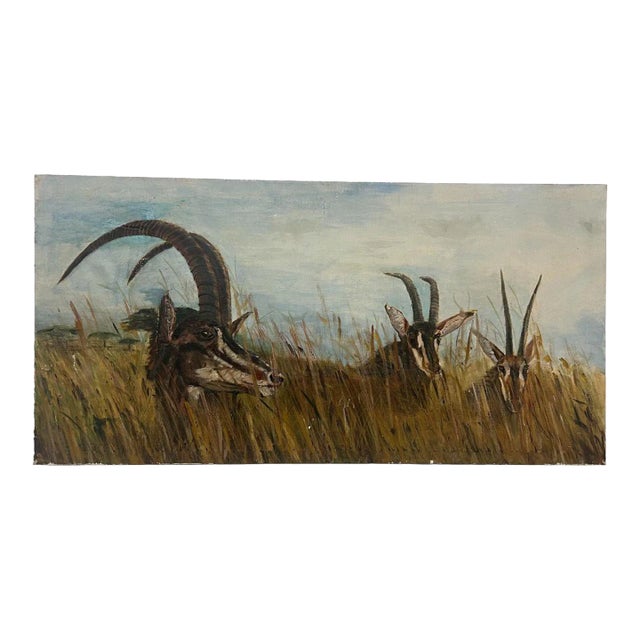 1970s Antelope Mid Century Modern Style Canvas Painting For Sale