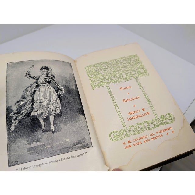 Gold Antique Longfellow’s Poems Decorative Art Nouveau Cloth Book – H. M. Caldwell Co. c.1900 For Sale - Image 8 of 18