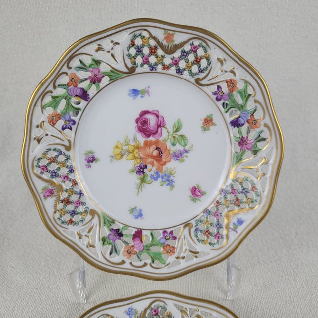 Schumann Arzberg Germany Chateau Dresden Flowers reticulated porcelain nut dishes or small plates. This pair features...