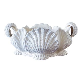 Antique Ceramic Italian Majolica White Decorative Bowl / Planter Depicting Sea Clam Shells With Handles For Sale