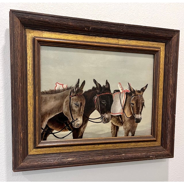 Brown Vintage Original Framed Painting of Three Donkeys For Sale - Image 8 of 9