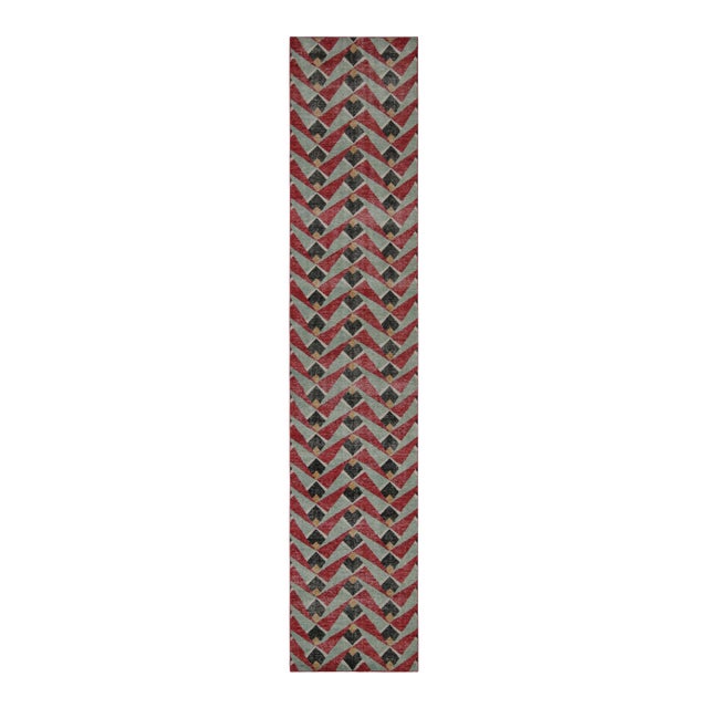 Rug & Kilim’s Distressed Runner in Red and Blue Geometric Patterns For Sale