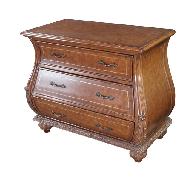 French Provincial Vintage French Louis XVI Tooled Leather Bombe Chest Dresser Commode 44" For Sale - Image 3 of 12