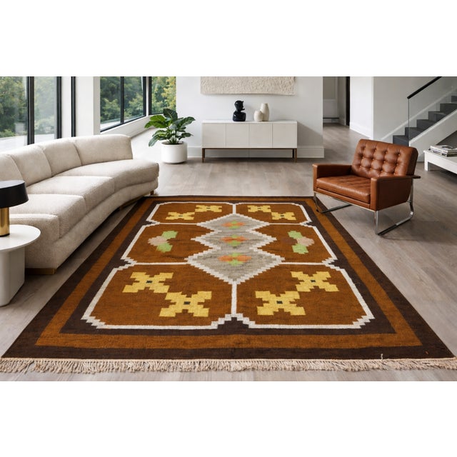 Mid Century Modern Vintage Swedish Handwoven Röllakan Wool Rug | Large 1970’s Scandinavian Geometric Flatweave Carpet For Sale - Image 9 of 11