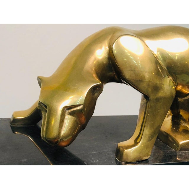 1970s Modernist Cubist Cast Brass Panthers on Black Marble Bases - a Pair For Sale - Image 10 of 11