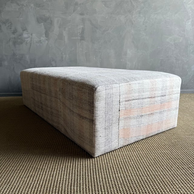 Wood Laguna Ottoman White Oak Waterfall Table Upholstered in a Vintage Turkish Rug For Sale - Image 7 of 14