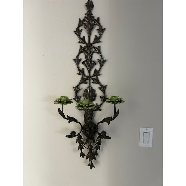 Art Nouveau Antique Wrought Iron and Tole Wall Sconce For Sale - Image 3 of 5