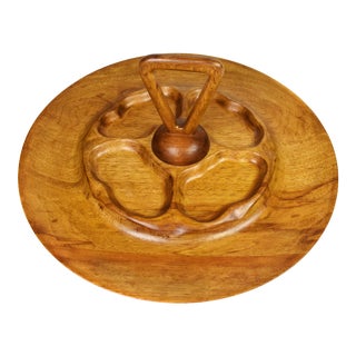 Mid-Century Round Pecan Wood Carved by Overton Serving Platter Tray Dish With Handle For Sale