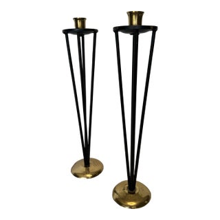 Contemporary Modern Black Metal and Brass Candlesticks, a Pair For Sale
