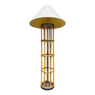 Vintage Bamboo Rattan Floor Lamp Chrome Cage Column Organic Modern Boho For Sale
