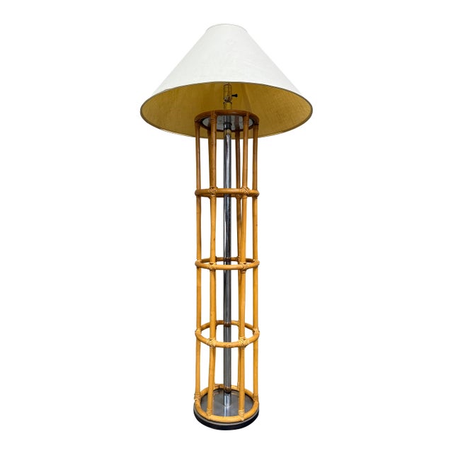 Vintage Bamboo Rattan Floor Lamp Chrome Cage Column Organic Modern Boho For Sale