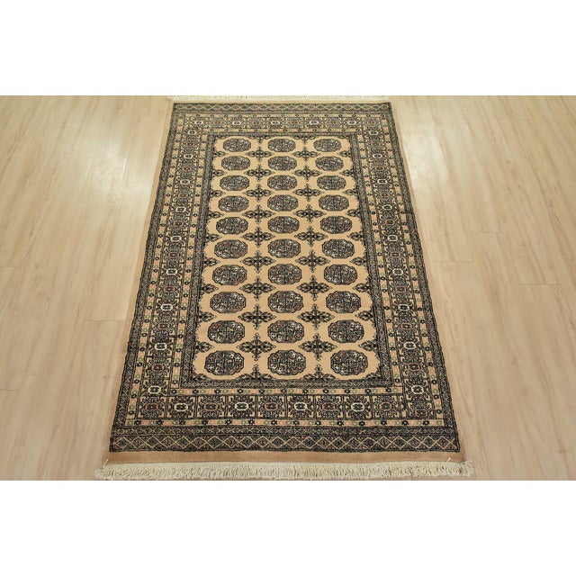 Tribal Bokhara Rug 4’3” X 6’2” Beige Wool Tribal Hand-Knotted Oriental Carpet For Sale - Image 3 of 12