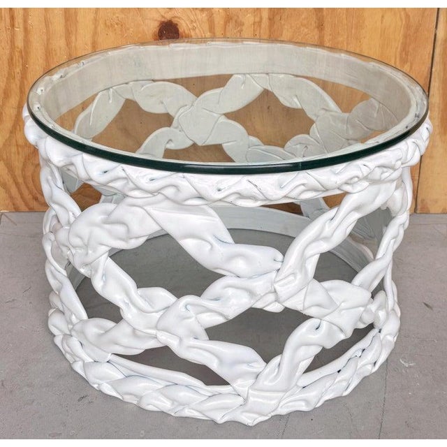 1970s White Lacquered Resin Ribbon Motif Table, Style of Tony Duquette This 1970s white lacquered resin ribbon motif...