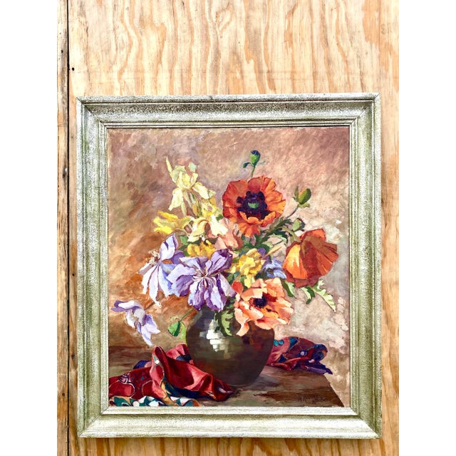 French Country Midcentury Signed Original Floral Oil Painting For Sale - Image 3 of 12