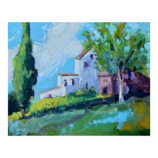 Modern Impressionist Sunlit Farm Oil Landscape For Sale