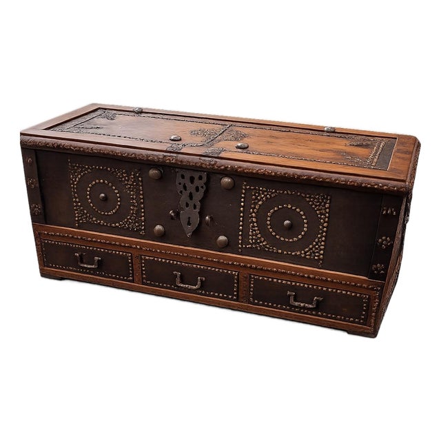Antique Mexican Spanish Colonial Iron-Clad Coffer Chest With Three Drawers, Circa 1900 For Sale