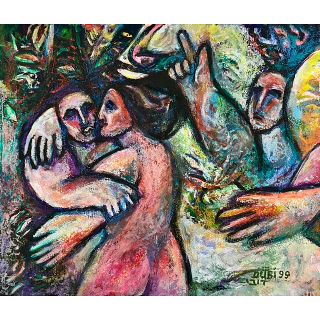Arie Dubi, Israeli Judaica Original Painting "The Lovers" in Garden Polish Artist Arie Dubi For Sale