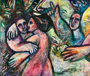 Arie Dubi, Israeli Judaica Original Painting "The Lovers" in Garden Polish Artist Arie Dubi