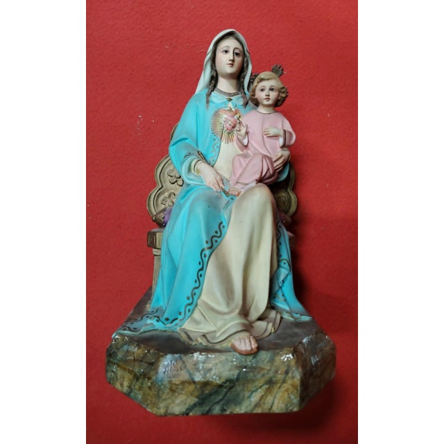 Polychrome Plaster Statue of Virgin of the Sacred Heart and Jesus, 19th Century For Sale - Image 6 of 8
