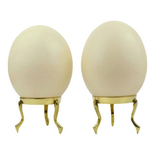 Mid 20th Century Natural Ostrich Egg Shell on Solid Brass Base - Set of 2 For Sale
