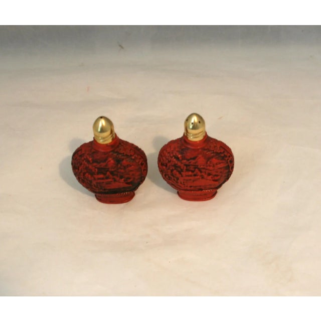 Asian Vintage 1950s Asian Red Carved Snuff Bottles Plastic Salt & Pepper Shakers For Sale - Image 3 of 8