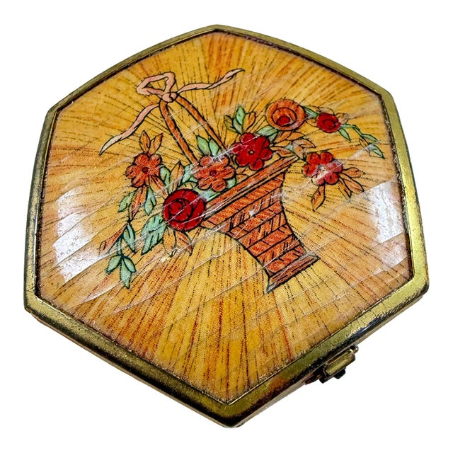 1930s Art Deco Houbigant Paris Floral Basket Motif Triple Folding Compact For Sale