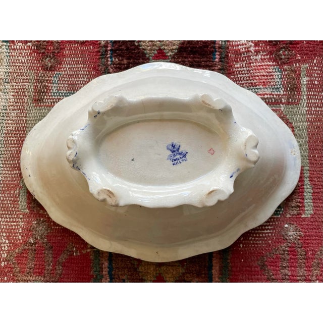 Ceramic Antique English Blue Willow Transferware Oval Footed Serving Dish For Sale - Image 7 of 9